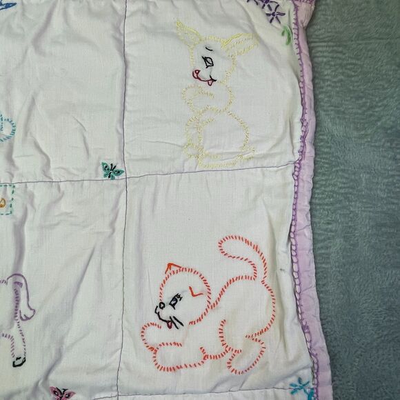 Vintage Baby Quilt Hand Embroidered Animals Pastel Crib Blanket Handmade 36x30 - Picture 3 of 16